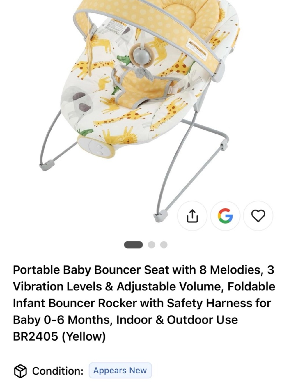 Portable Baby Bouncer Seat - Yellow Infant Rocker with Music & Vibration